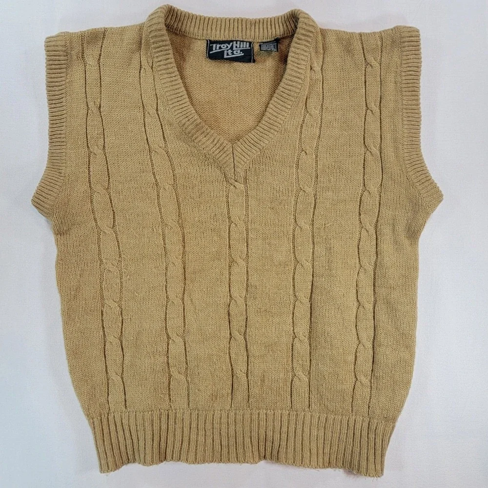 Vintage Troy Hill Ltd Mens Tan Cable Knit V-Neck Sweater Vest Medium Camel Brown